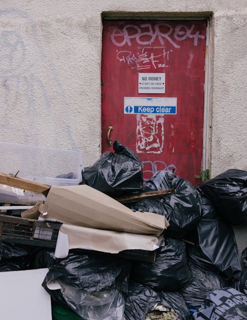 A collection of black plastic rubbish bags and discarded cardboard sheets piled against a red metal door on a textured beige wall. The bags vary in size and are tightly knotted, with some leaning or overlapping one another. The cardboard appears torn and flattened, with some parts sticking out from under the bags. The environment suggests an urban alleyway or backstreet area designated for waste disposal, with the bags placed directly on the pavement. The red door behind features graffiti tags, a small white sign indicating 'No Money' and 'Keep Clear' stickers, and a metal handle on the left side. The scene is lit evenly with natural daylight, highlighting the textures of the black bags, the cardboard, and the worn finish of the door, which is part of an independent waste management or rubbish removal setup, such as offered by [COMPANY_NAME], for private rubbish clearance in West Kensington.
